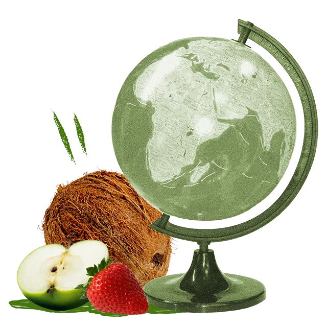 globe with strawberry, coconuts and apple